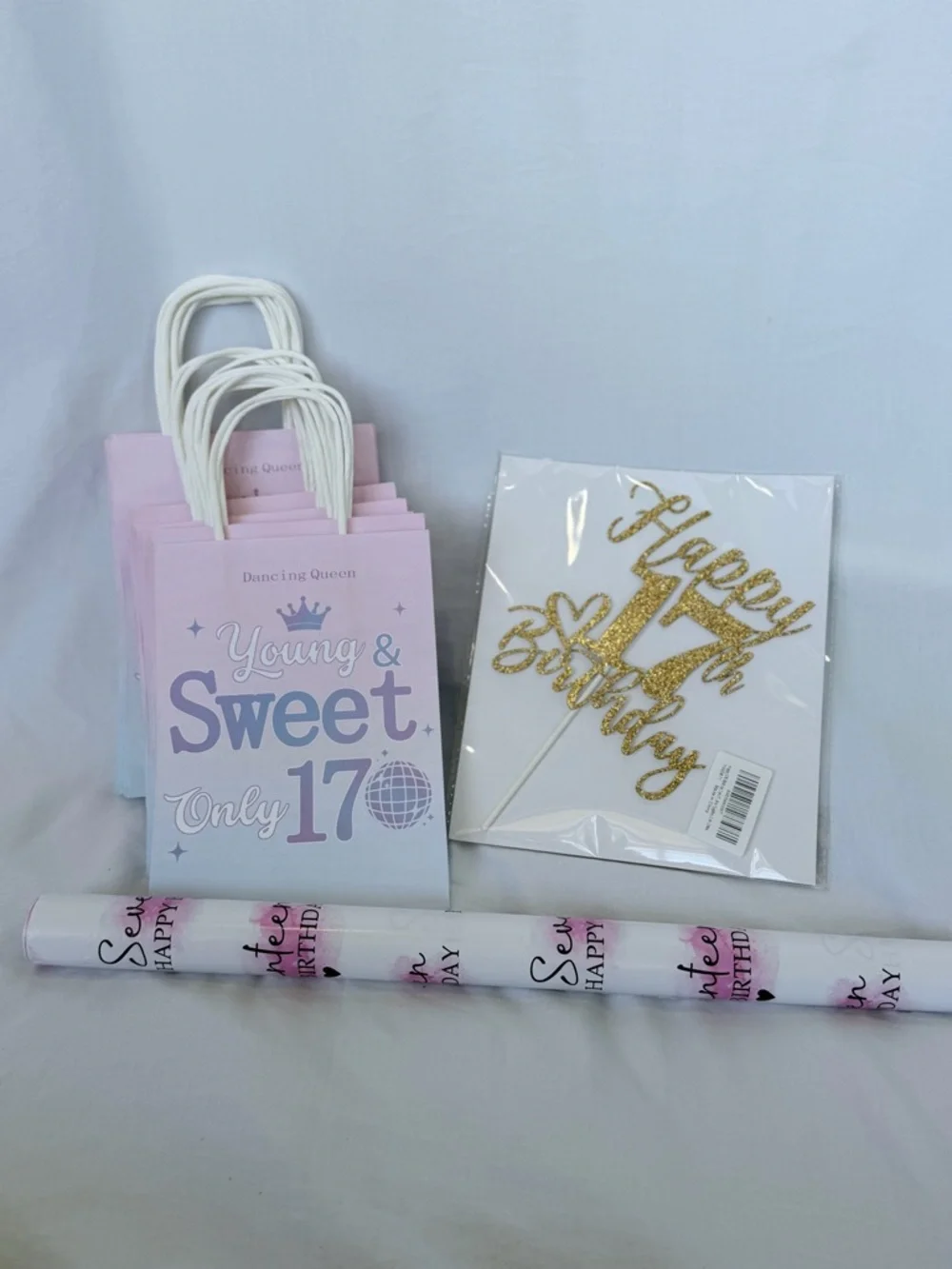 17th Birthday Party Bundle – Sweet 17 Bags, Cake Topper, Gift Wrap